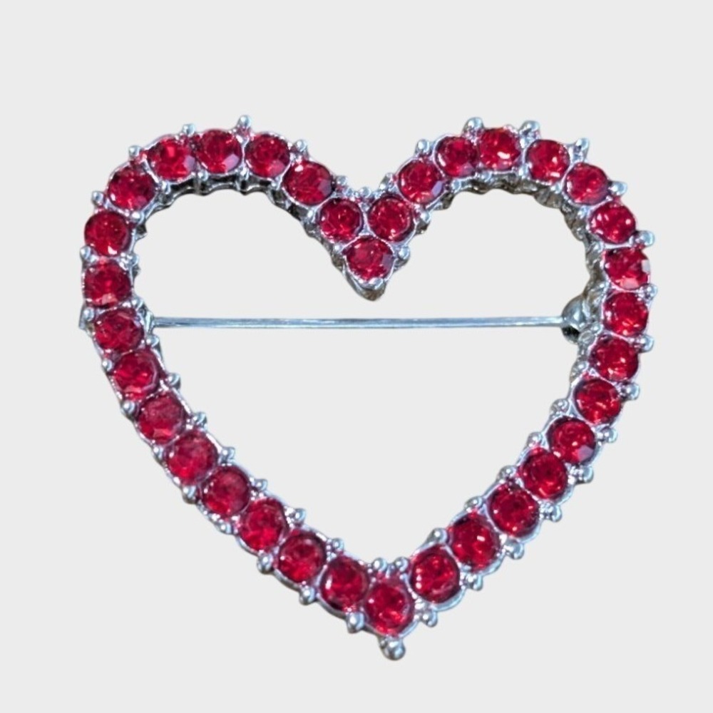 Vintage Heart Brooch Pin Red Rhinestones 2" Love Valentines Gold-tone
